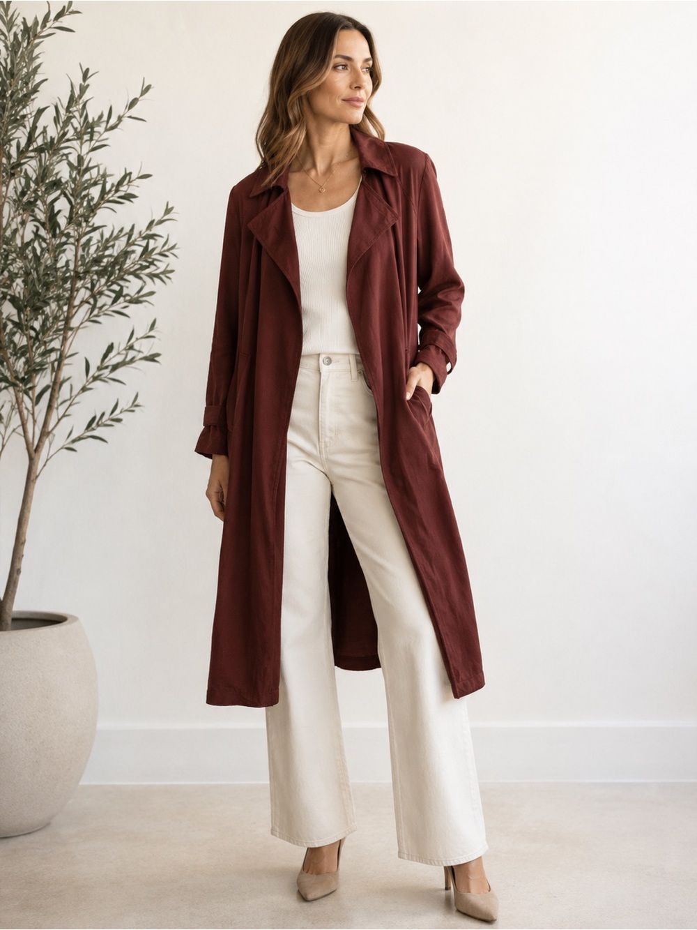 Babaton Quincey open style flowy duster trench coat draped collar